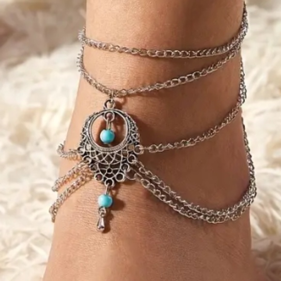 NEW BOHO VINTAGE STYLE SILVER/TURQUOISE BEADS SILVER CHAINS BEACH ANKLE BRACELET - Picture 6 of 6